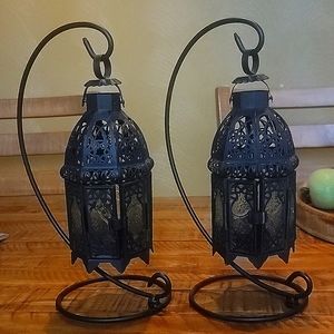 Black Moroccan Inspired Lace Cutout Metal Candle Holder Lanterns with stands